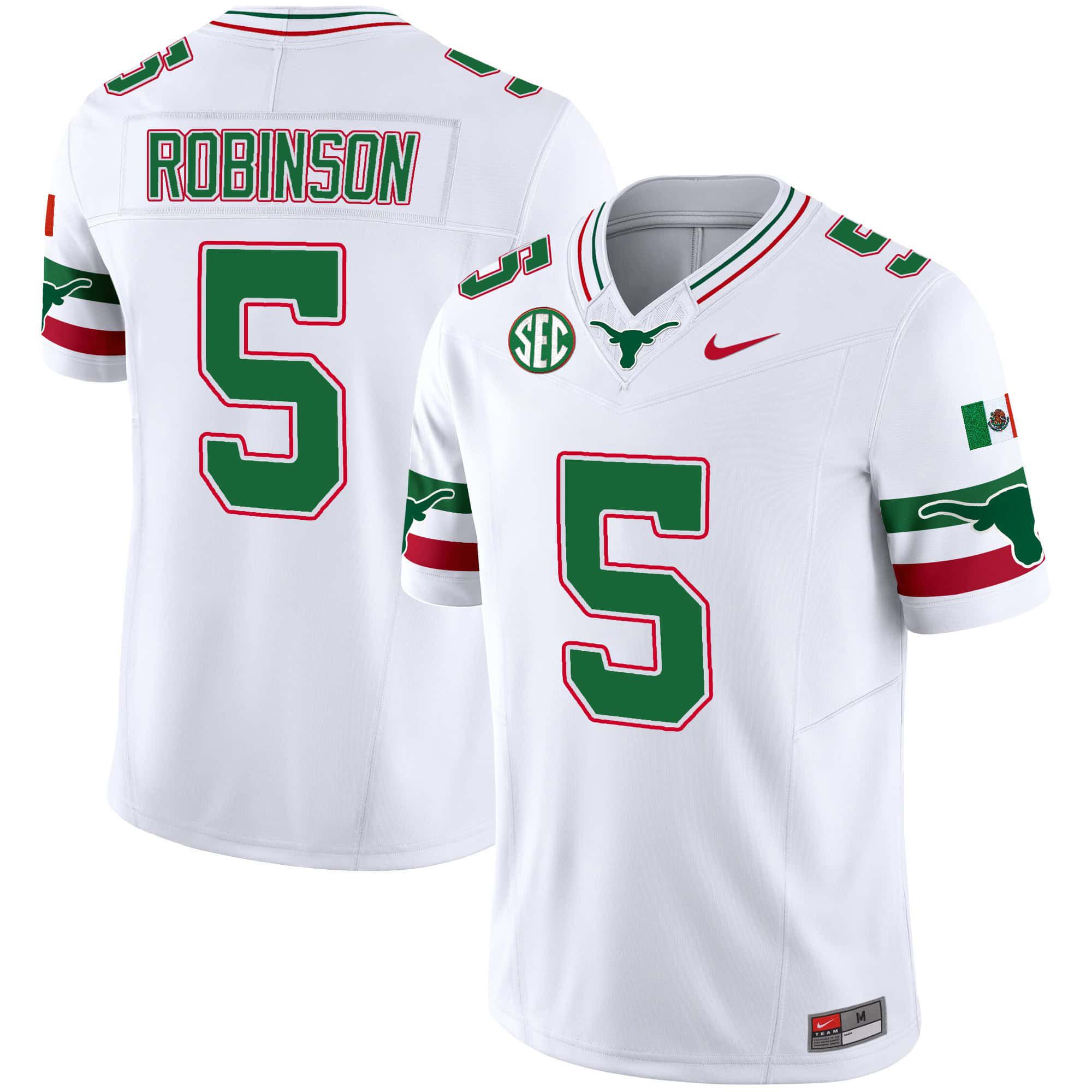 Men Texas Longhorns 5 Robinson White 2024 Nike Mexico SEC Patch Vapor NCAA Jersey
